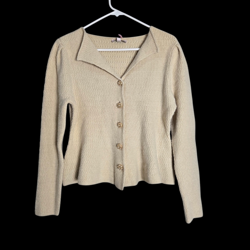 Nanette Lepore Pearl Button Textured Knit Cardigan Off White Cream Rayon Medium - Picture 2 of 15